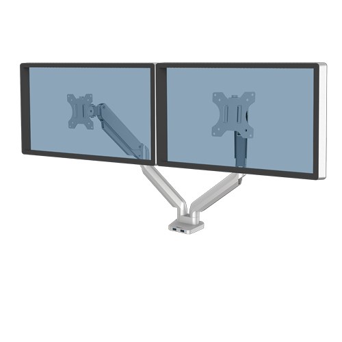 Fellowes Platinum Series Dual Monitor Arm - Monitor Mount for Two 8KG 40 Inch Screens - Adjustable Dual Monitor Desk Mount - Tilt 45� Pan 180? Swivel 360? Rotation 360?, VESA 75 x 75/100 x 100 - Silver