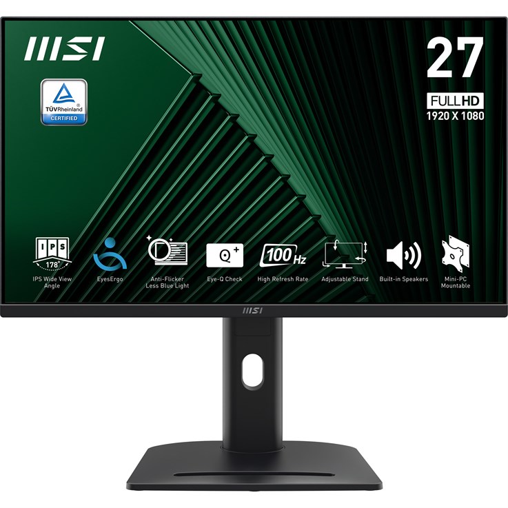 MSI PRO MP275PG 27 Inch Monitor, FHD (1920 x 1080), 100Hz, IPS, 1ms, 1x HDMI 1.4b, 1x DP 1.2a output, 1x D-Sub(VGA), Built-in Speakers, Anti-Glare, Anti-Flicker, Less Blue light, TÜV Certified, VESA, Kensington, 4-way adjustable stand, Black