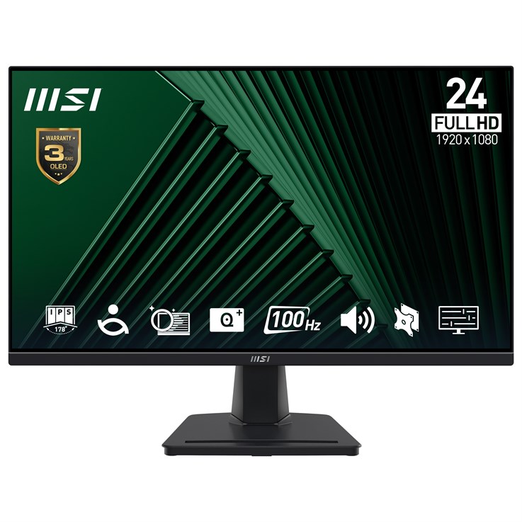 MSI Pro MP245G 24 Inch Monitor, FHD (1920 x 1080), 100Hz, IPS, 1ms, 1x HDMI 1.4b, 1x DP 1.2a output, 1x D-Sub(VGA), Built-in Speakers, Anti-Glare, Anti-Flicker, Less Blue light, TÜV Certified, VESA, Kensington, Black