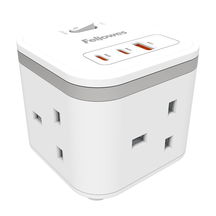 Fellowes Power Cube with 3 Power Socket Extension USB-A & USB-C Ports White