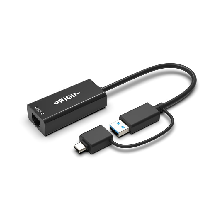 Origin Storage USB3.0 or USB-C (with USB-C male to USB3.0 female adapter) to RJ45 Gigabit Adapter USB3.0/USB-C Black